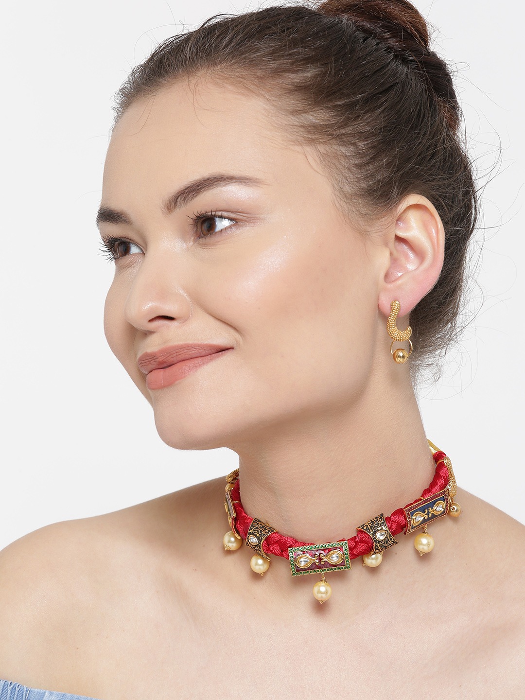 YouBella Red  Gold-Toned Stone-Studded Beaded Jewellery Set